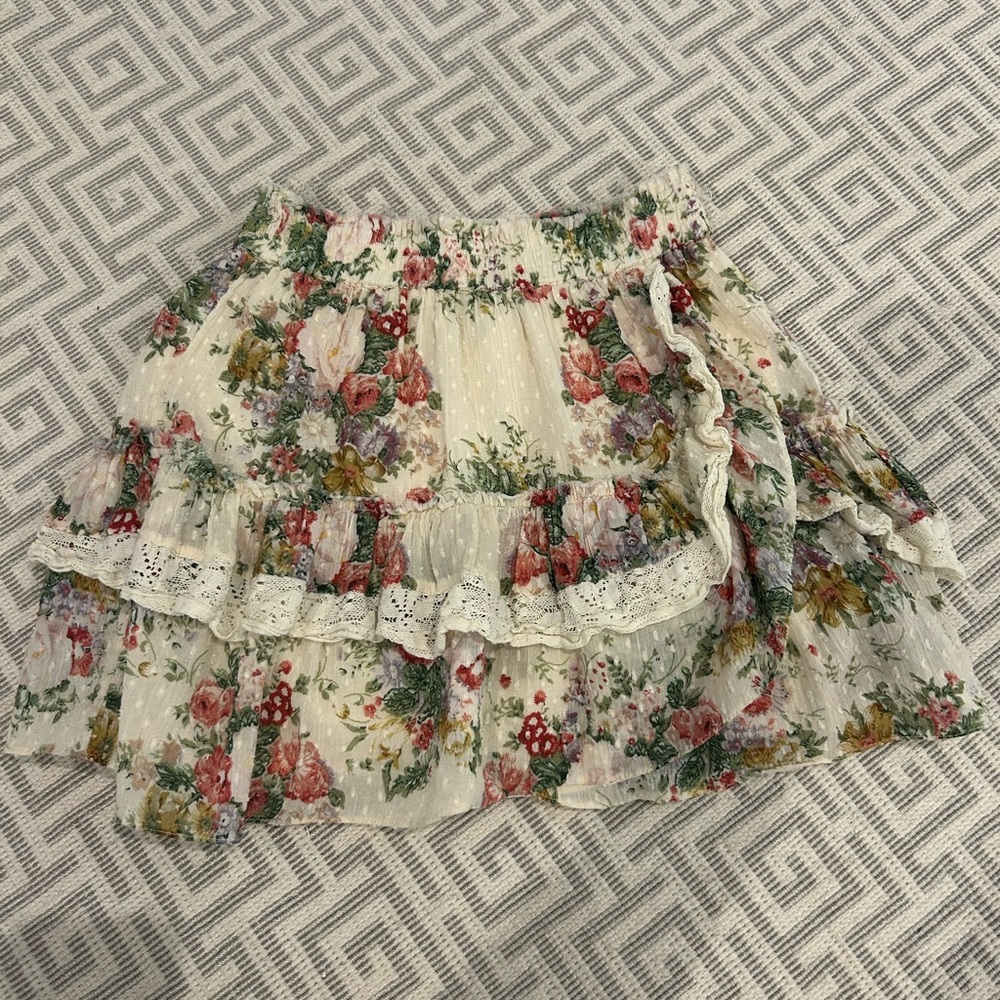 LoveShackFancy Cream Floral Mini Skirt